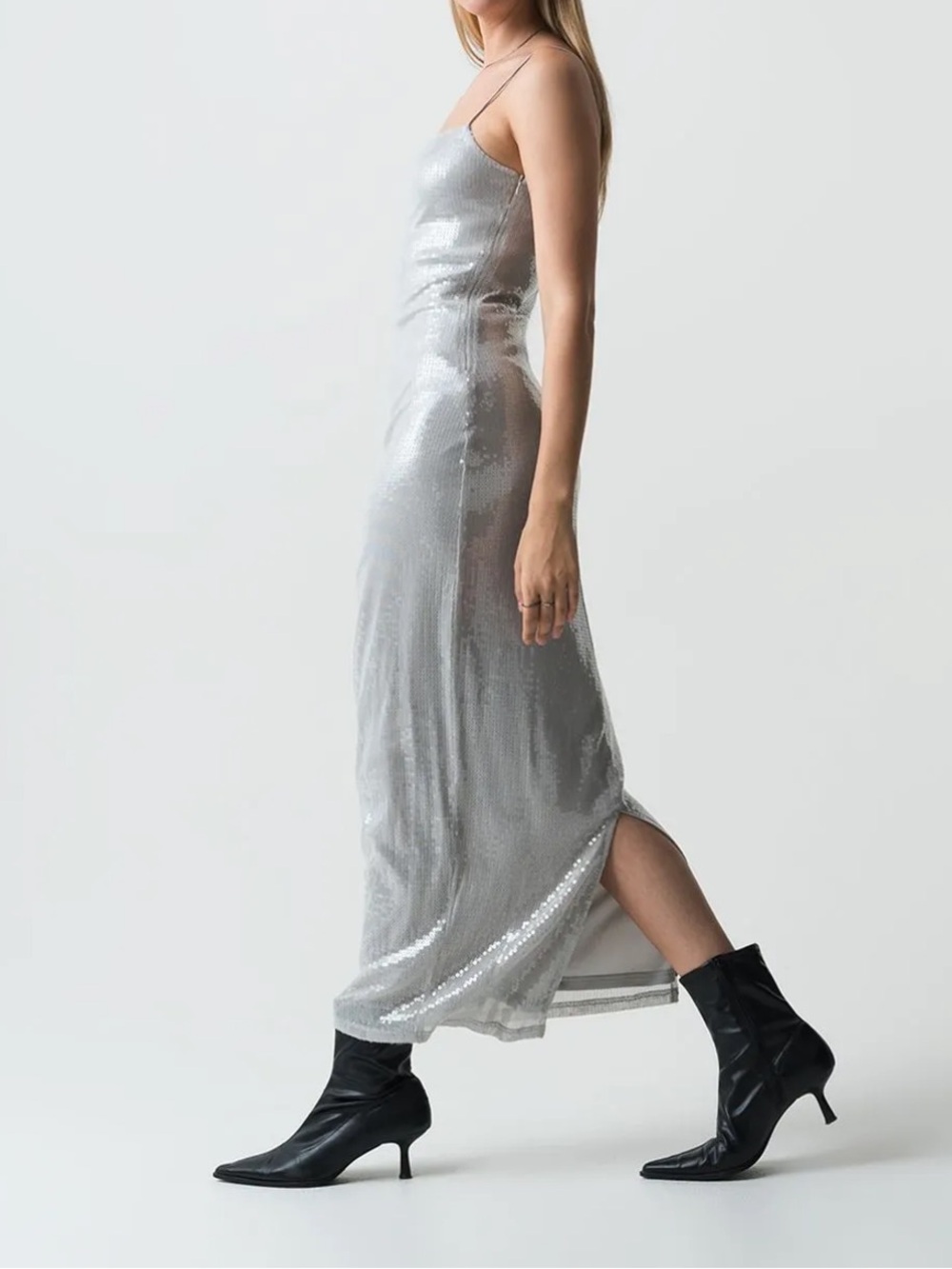 NAF NAF Silver Sequin Maxi Slip Dress